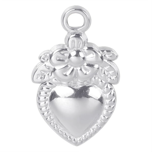 Polished silver heart pendant with floral design and leaf details in stainless steel
