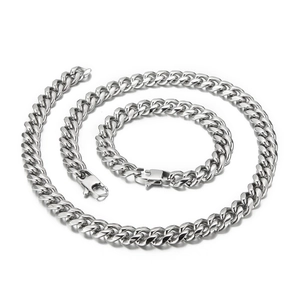Polished silver cuban chain set including a minimalist stainless steel necklace and bracelet