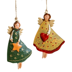 Retro iron Christmas angel ornaments with green star and yellow heart on white background