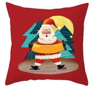 Macro shot of red square Christmas pillowcase featuring Santa holding a blank scroll