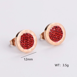 Macro detail of 12mm rose gold Roman numeral earrings with red crystals and 3.5g weight info