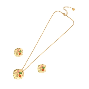 Vintage gold hollow square necklace and earrings set with colorful opal floral stones