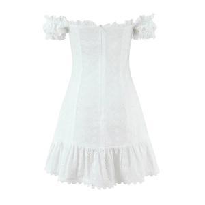Elegant white off-the-shoulder dress with puff sleeves and lace embroidery back view