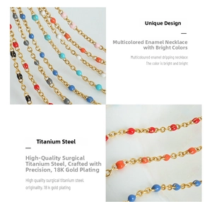 Detail of multi-color enamel beads on 18K gold-plated titanium steel necklace chain