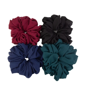 Set of 4 elastic chiffon scrunchies in wine red, black, navy blue, and forest green tones