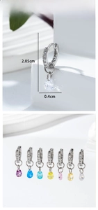 Detail view of teardrop zircon earrings showing 2.05cm height measurement and seven colors