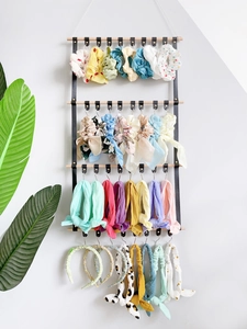 Hanging DIY PU leather and wood hair accessory organizer with clips and bands