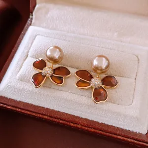 Vintage Flower Artificial Pearl Stud Earrings Copper With 925 Sterling Silver Earring Post Enamel Zircon Gold Plated For Women