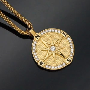 Hip Hop Stainless Steel Compass Pendant For Men Women Round Gold Plated Rhinestone Star Compass Personalized Jewelry Gift