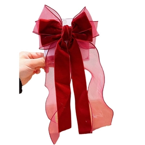 Elegant large burgundy velvet and organza bow hair clip with ribbons for girls