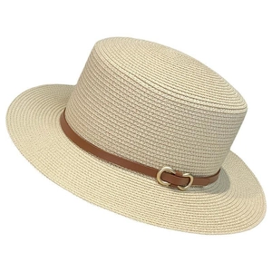 Classic beige boater straw hat with brown leather band and gold buckle on white background
