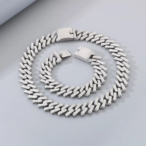 Men's 20mm silver stainless steel Cuban link chain necklace and bracelet set in hip-hop style