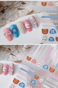 Detailed 3D embossed nail stickers featuring cute bears and knitted texture patterns