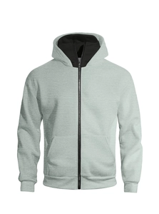 Detail of grey zip-up hoodie featuring black contrast hood lining and premium cotton texture