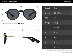 Detailed size chart for vintage square sunglasses model 6068 with frame dimensions