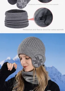 Close-up of winter knit beanie set with thick fleece lining and snowflake pattern detail