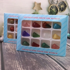 Collection box set of natural stones in spherical and conical shapes for DIY jewelry