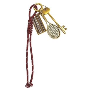 Retro tennis racket and abacus charms with red woven rope keychain for bags