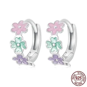 Original S925 Sterling Silver Colorful Enamel Flower Hoop Earrings For Women Sweet Floral Ear Buckle Minimalism Fashion Jewelry Accessory