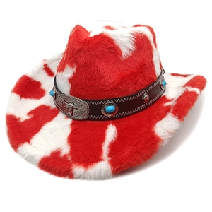 Western cowboy hat with red cow print faux fur and silver longhorn cattle head buckle
