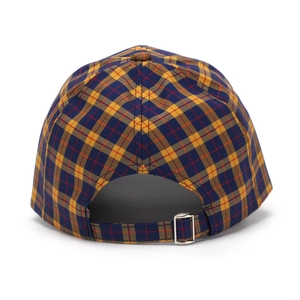 Rear view of plaid baseball cap showing the blue and yellow tartan and metal buckle