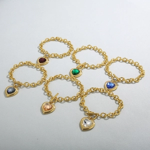 Gold stainless steel heart crystal bracelets with OT toggle clasp in six colors