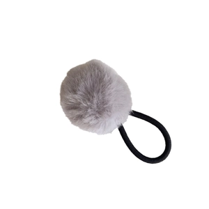 Cute gray faux fur pom pom hair tie with high-elastic black rubber band for ponytails