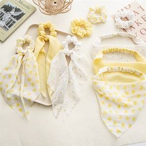 Floral chiffon scrunchies set with daisy and butterfly prints and long streamers