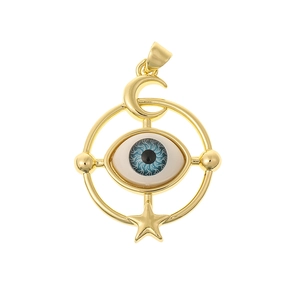 Golden evil eye pendant necklace with crescent moon and star charm in round frame