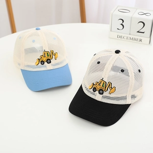 Detail of mesh baseball caps for kids with yellow excavator embroidery and breathable net