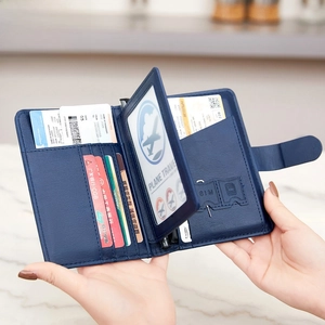 Navy blue leather RFID blocking passport holder with multi-card slots and SIM storage