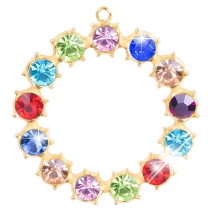 18K gold plated stainless steel circular pendant with colorful rhinestones on white background