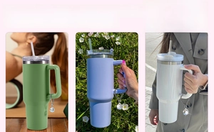 Crystal pendant chain for large tumblers showing fit on different colored cups