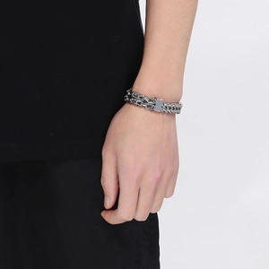 Bracciale hip hop da uomo in acciaio inossidabile argento con doppia catena sul polso