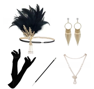 Panoplie Gatsby 1920 avec bandeau à plumes collier de perles et gants longs en satin