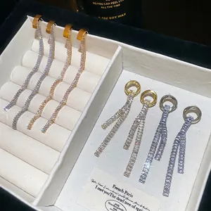 Long Linear Tassel Drop Earrings With Zircon Inlaid Copper Body And 925 Sterling Silver Earring Post