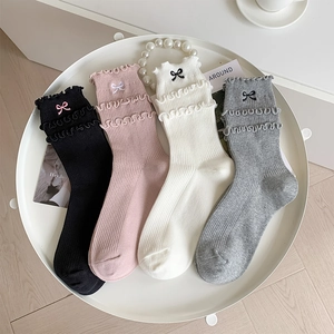Women Mid-Calf Socks Combed Cotton Ribbed Knit Lettuce Edge Ruffle Trim Bow Embroidery Sweet Lolita Style