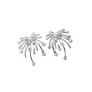 Elegant fireworks starburst earrings with silver metal, pearls and cubic zirconia stones