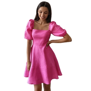 Detail of square neck and puff sleeve design on this rose pink high waist mini dress