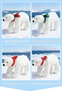 Polar bear plush toys featuring red and green plaid scarves in a snowy arctic setting