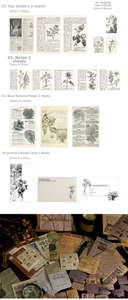Dettaglio del kit scrapbooking vintage con adesivi di carta di funghi farfalle e fasi lunari