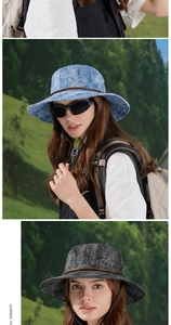 Detail of adjustable leather strap and windproof cord on a denim sun protection hat