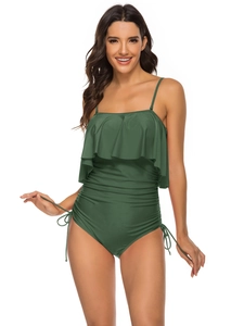Detail of olive green one-piece swimsuit featuring flounce neckline and ruched abdomen design