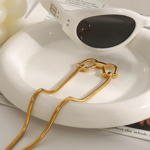 Macro detail of gold snake chain necklace with horseshoe U-buckle on a white tray