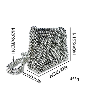 Silver beaded crossbody bag dimensions showing size 20x14x6cm and strap length 116cm