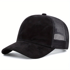 Black solid color trucker hat with breathable mesh and classic curved brim style