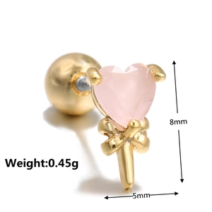 Macro shot of pink heart gemstone stud earring with 8mm height and 5mm width measurements