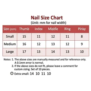 Nail size chart for cute press-on nails showing measurements from XS to L in millimeters