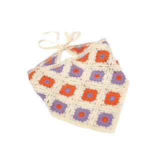Retro hand-crocheted floral headscarf in cream with orange and purple flower patterns