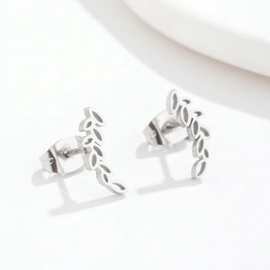Elegant silver leaf wheat spike stud earrings in minimalist polished stainless steel